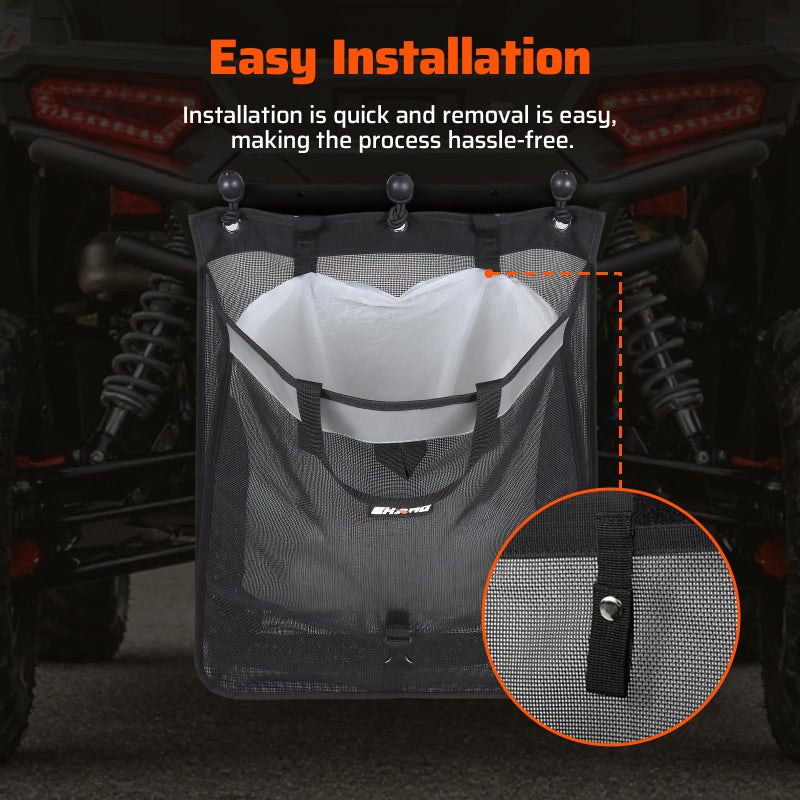 Ehaho UTV ATV Mesh Trash Bag with Reflective Strip, Universal Off-Road Trash Organizer, Large Mesh Sack with Carabiners, Fits Polaris RZR,Can-Am,CFMOTO,Arctic Cat,Pioneer,Golf Cart(Black) - Image 4