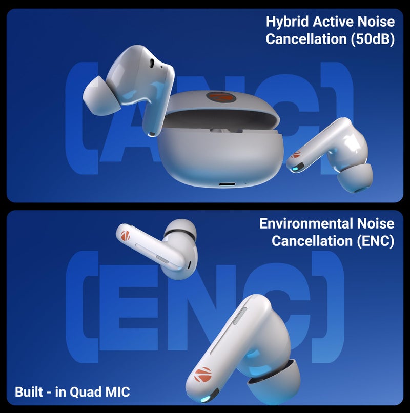 Zebronics in-Ear Wireless Earbuds, 50dB Hybrid ANC, Upto 27 Hrs Backup, Transparency Mode, 13mm Neodymium Magnet Drivers, 3 EQ Modes, Low-Latency Gaming, Quad Mic, BT v6.0 (Monk Pro, Grey) - Image 4