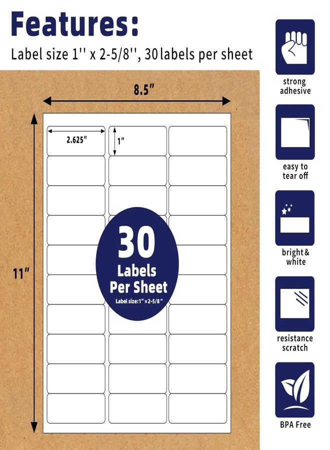 POLYSELLS 1" x2-5/8 Self Adhesive Address Labels, 30UP Blank Shipping Labels, FUSKU, FBA Mailing Labels for Inkjet and Laser Printer, 30000 Sticker Labels (1000 Sheets), 30 Labels per Sheet - Image 2
