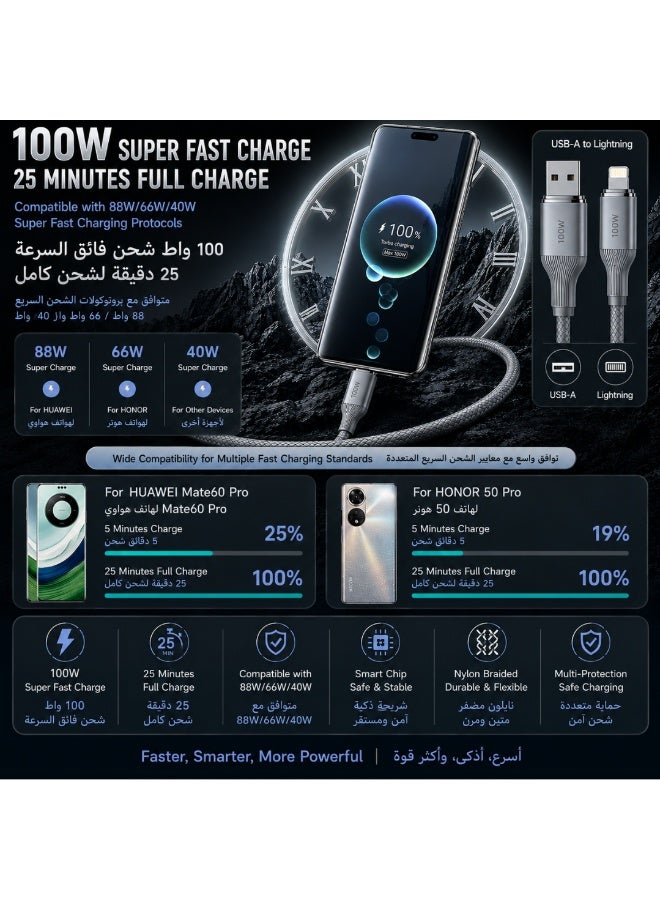 كابل شحن سريع USB-A إلى Lightning، سلك مضفر فاخر من سبائك التنجستن، متين ومقاوم للأكسدة - Image 3