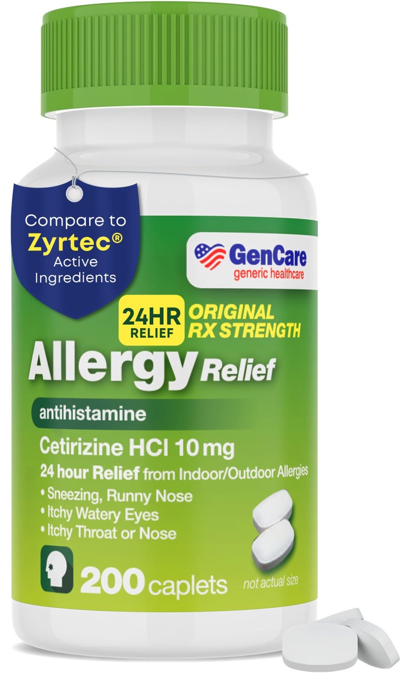 GenCare Cetirizine HCL 10 mg 200 Caplets 24 Hour Allergy Relief Pills Non Drowsy Generic OTC Allergy Medication Antihistamine Medicine for Sneezing Runny Nose Itchy Eyes Generic Zyrtec
