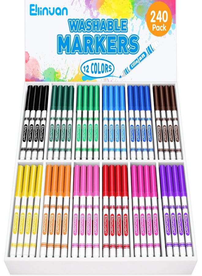 Ellinjan 240 Count Washable Markers Bulk, 12 Assorted Colors, Fine Line Colored Marker with Conical Tip, Washable Markers for Kids, Bulk Marker for Classroom, School Art Supplies for Students Teachers - Image 1