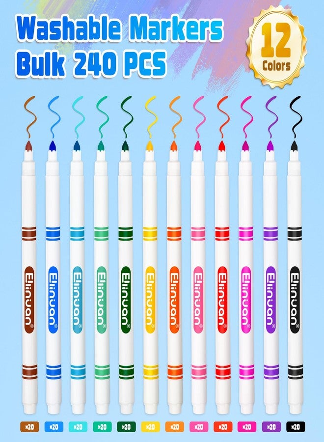 Ellinjan 240 Count Washable Markers Bulk, 12 Assorted Colors, Fine Line Colored Marker with Conical Tip, Washable Markers for Kids, Bulk Marker for Classroom, School Art Supplies for Students Teachers - Image 2