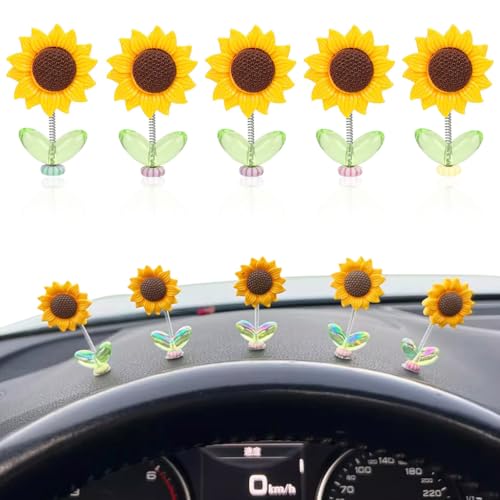 STHIRA® 5Pcs Mini Sunflower for Car Dashboard 2.36 Inches Swinging Sun Flower Car Decor Self-Adhesive Cute Auto Ornaments Removable Auto Interior Accessories for Mirror, Vehicle Gadgets Latest 2025 - Image 1