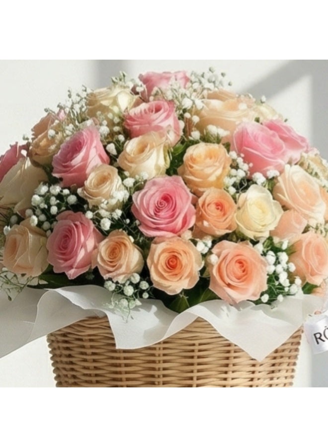 ورورد روزاريا Luxury Peach & Pink Rose Arrangement in Basket | Flower Display for Home Decor, Gifts & Events - Image 3