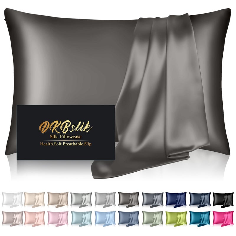 Silk Pillowcase for Hair and Skin Mulberry Silk Pillow Cases Standard Size Anti Acne Cooling Sleep Both Sides Natural Silk Satin Pillow Covers with Hidden Zipper Gifts for Women Men Dark Gray