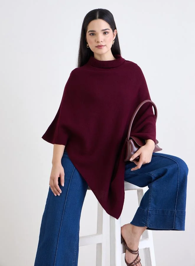 Styli Burgundy Styli Oversized High Neck Cape Sweater for Women | Best Price UAE