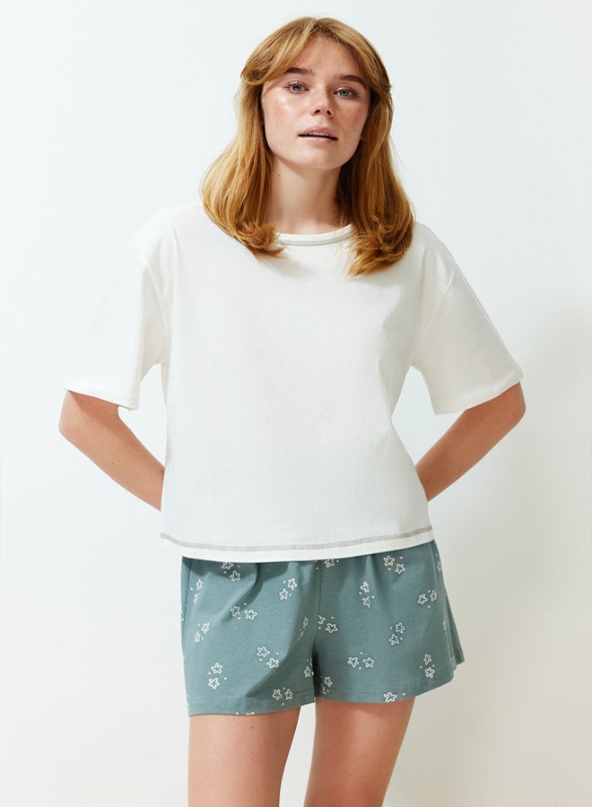 trendyol White 100% Cotton Geometric Patterned Shorts Knitted Pajama Set  - Image 1