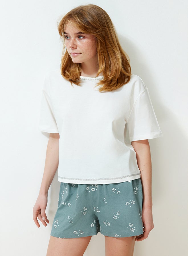 trendyol White 100% Cotton Geometric Patterned Shorts Knitted Pajama Set  - Image 3