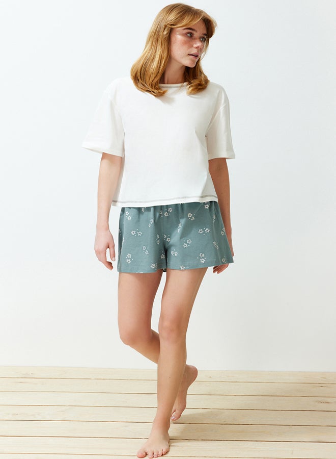 trendyol White 100% Cotton Geometric Patterned Shorts Knitted Pajama Set  - Image 2