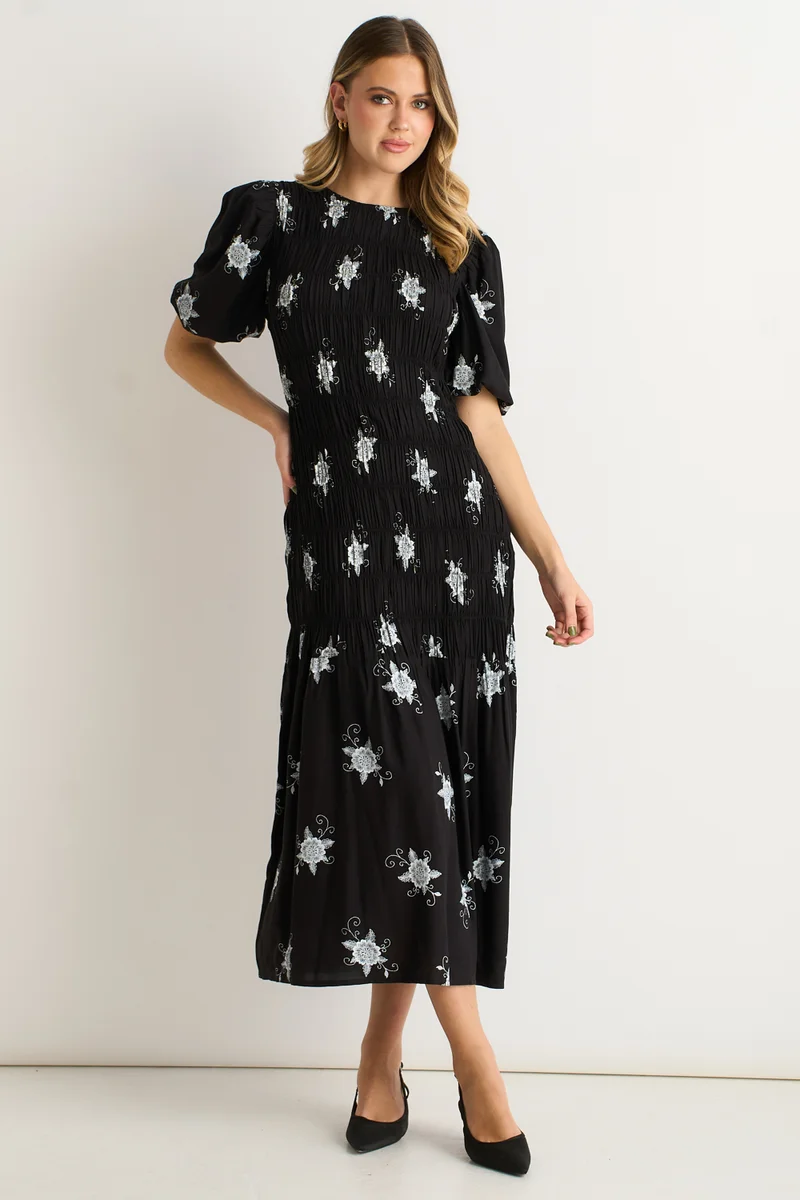Gini London Black 3/4 Sleeves Paisley Ruched Midi Dress