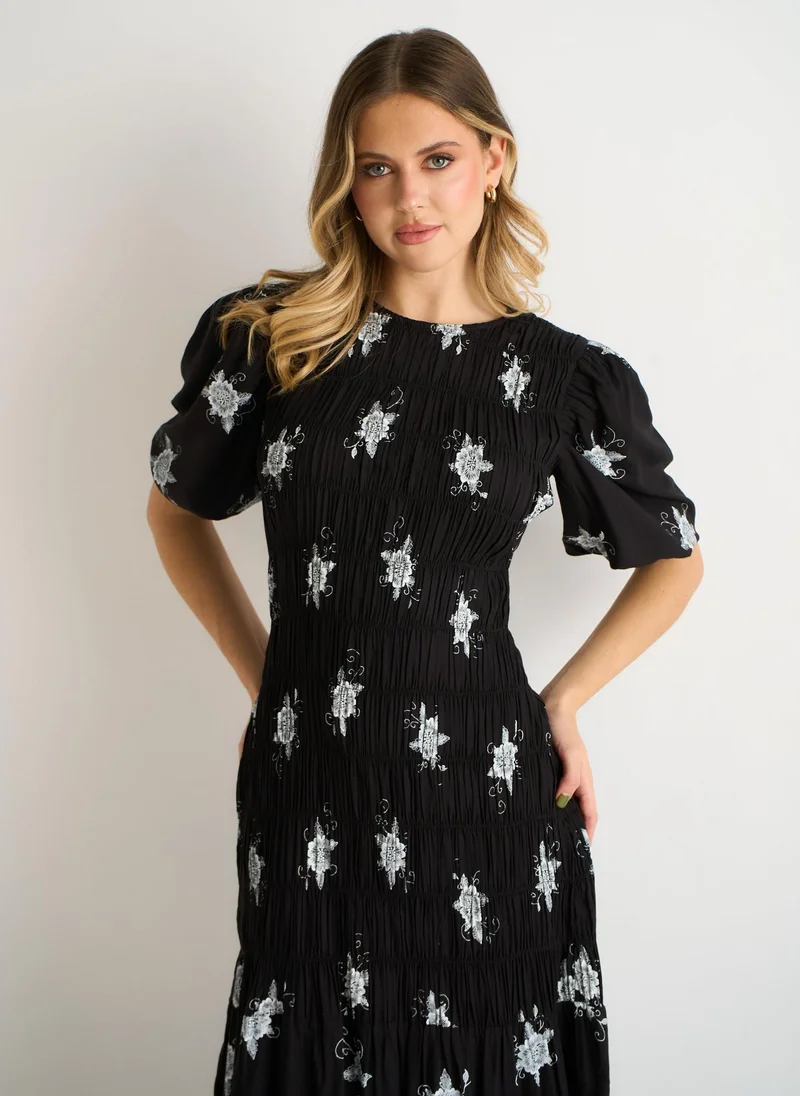 Gini London  Black 3/4 Sleeves Paisley Ruched Midi Dress for Women | Best Price UAE