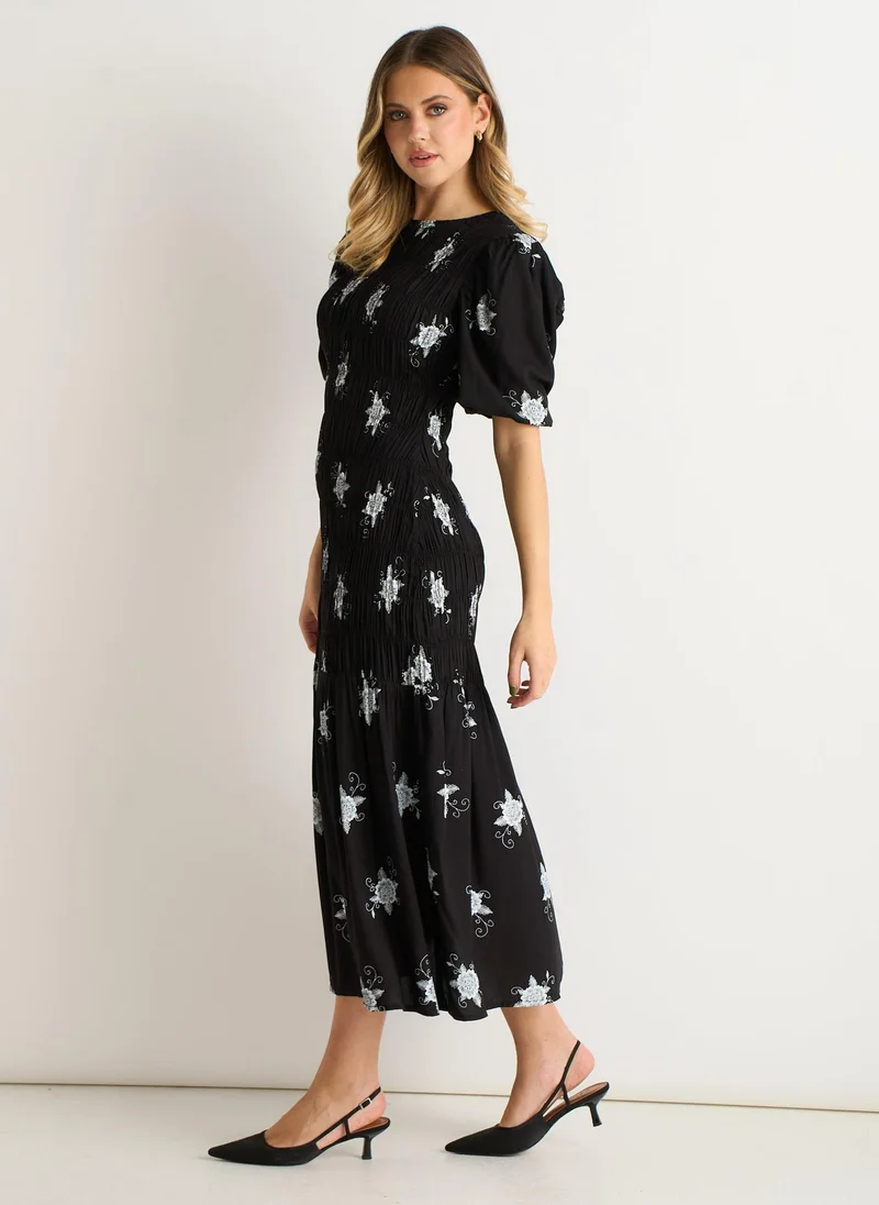 Gini London  Black 3/4 Sleeves Paisley Ruched Midi Dress for Women | Best Price UAE