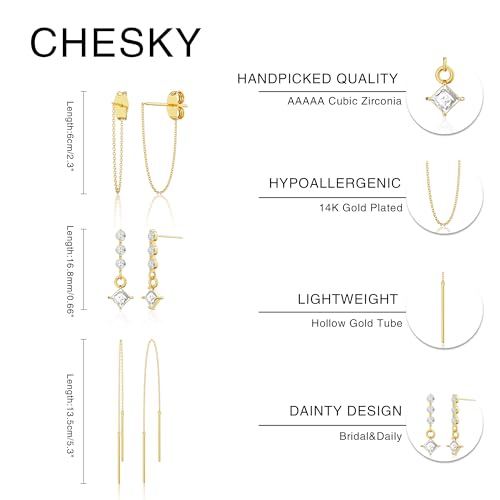 CHESKY Dangle Earrings for Women Trendy, Dainty 14k Gold Plated Threader Chain Earring Non Tarnish Hypoallergenic Double Piercing Earrings Simple Drop Dangling Dangly Earring Stacks Gold Jewelry for Women - Image 5