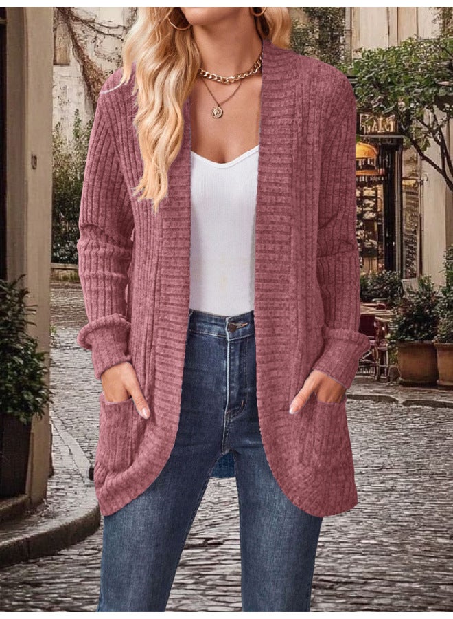 European And American Fashion Popular Autumn And Winter Fashion Long-sleeved Loose Casual Solid Color Pocket Cardigan Knitted Jacket
