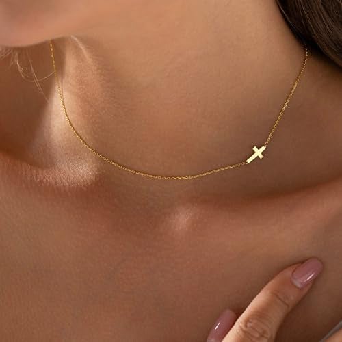 MONOZO Cross Necklace for Women - 14K-Gold-Plated Sideway Cross Necklaces Dainty Pendant Necklaces Simple Choker Necklace Trendy Personalized Faith Jewelry First Communion Gifts for Women - Image 5