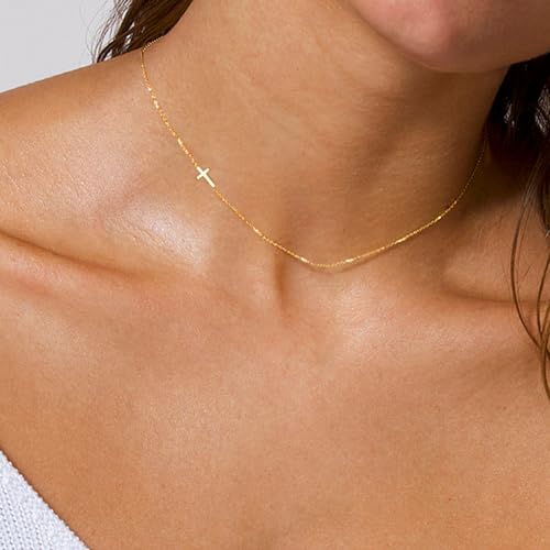 MONOZO Cross Necklace for Women - 14K-Gold-Plated Sideway Cross Necklaces Dainty Pendant Necklaces Simple Choker Necklace Trendy Personalized Faith Jewelry First Communion Gifts for Women - Image 3
