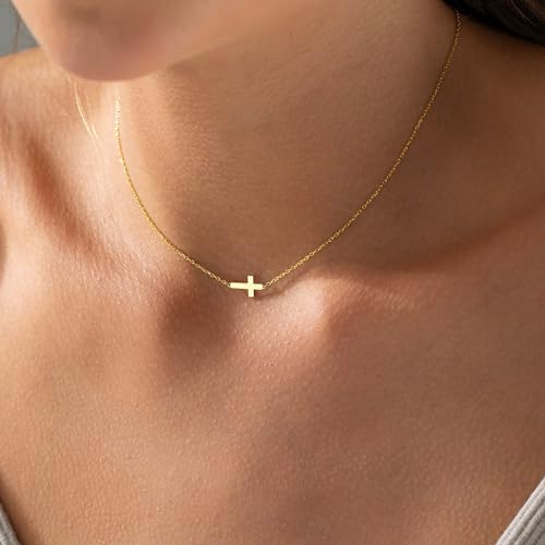 MONOZO Cross Necklace for Women - 14K-Gold-Plated Sideway Cross Necklaces Dainty Pendant Necklaces Simple Choker Necklace Trendy Personalized Faith Jewelry First Communion Gifts for Women - Image 4