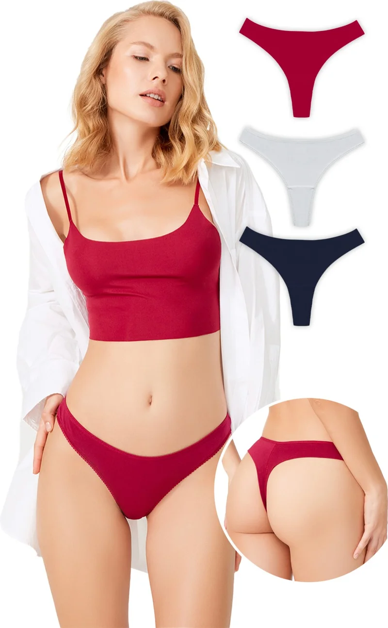 كوتن هيل Basic Cotton Lace Detailed Women's Thong 3 Pack Panties - 4