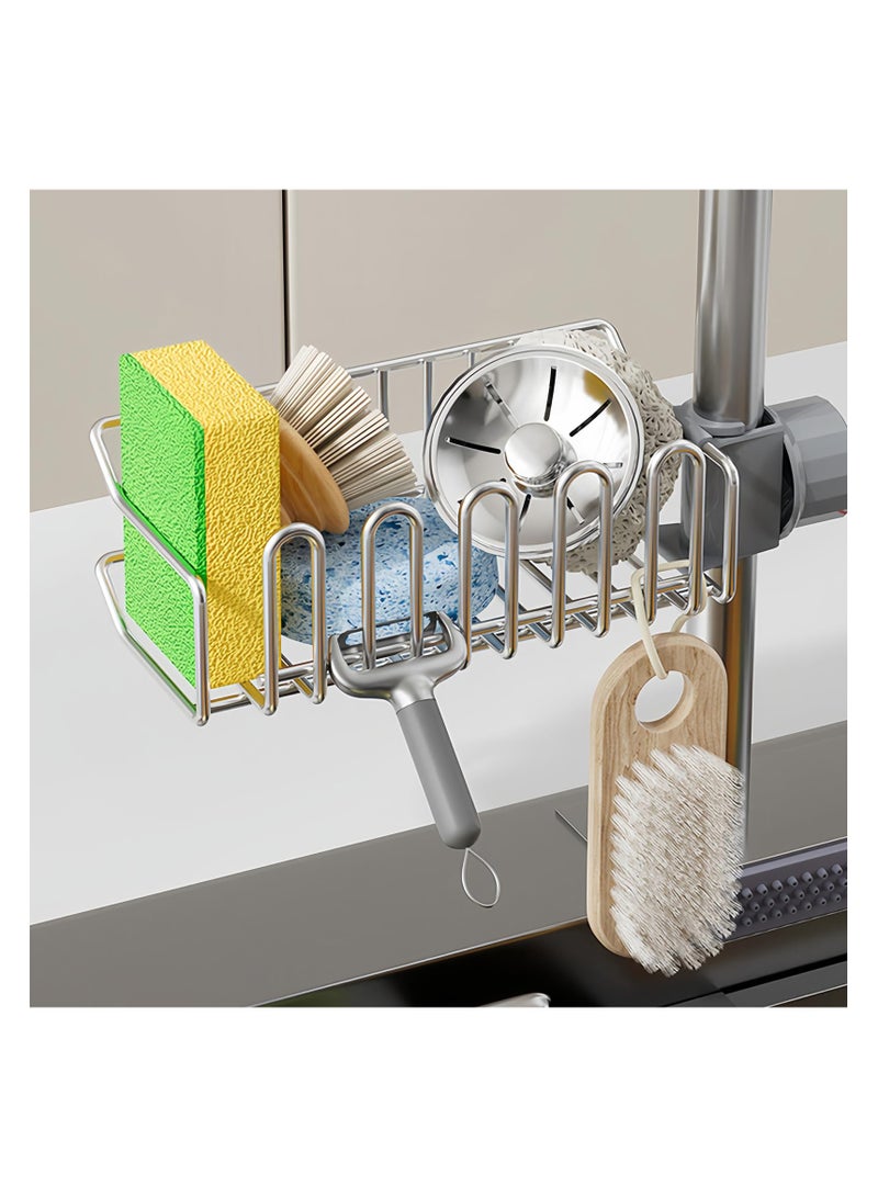 SYOSI Stainless Steel Sponge Holder for Faucet Sink, Detachable Scrub Kitchen Sink Sponge Holder Around Faucet Caddy for Bathroom, Kitchen, Sink Organizer Fits Soap, Dish, Items Storage  - Image 1