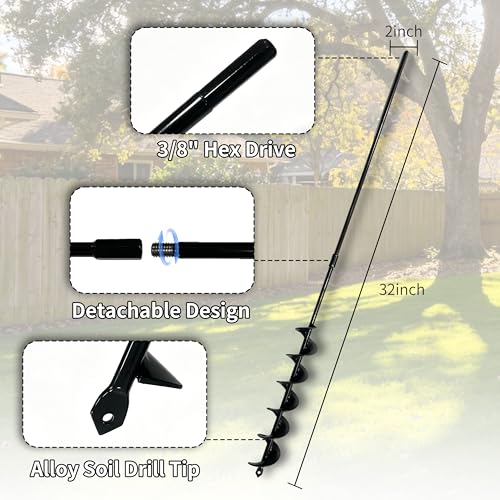 TCBWFY 2x32 Inch Auger Drill Bit for Planting - Long Handle Easy Planter Garden Auger - Bulb & Bedding Plant Augers - Post Hole Digger for 3/8”Hex Drive - Image 2
