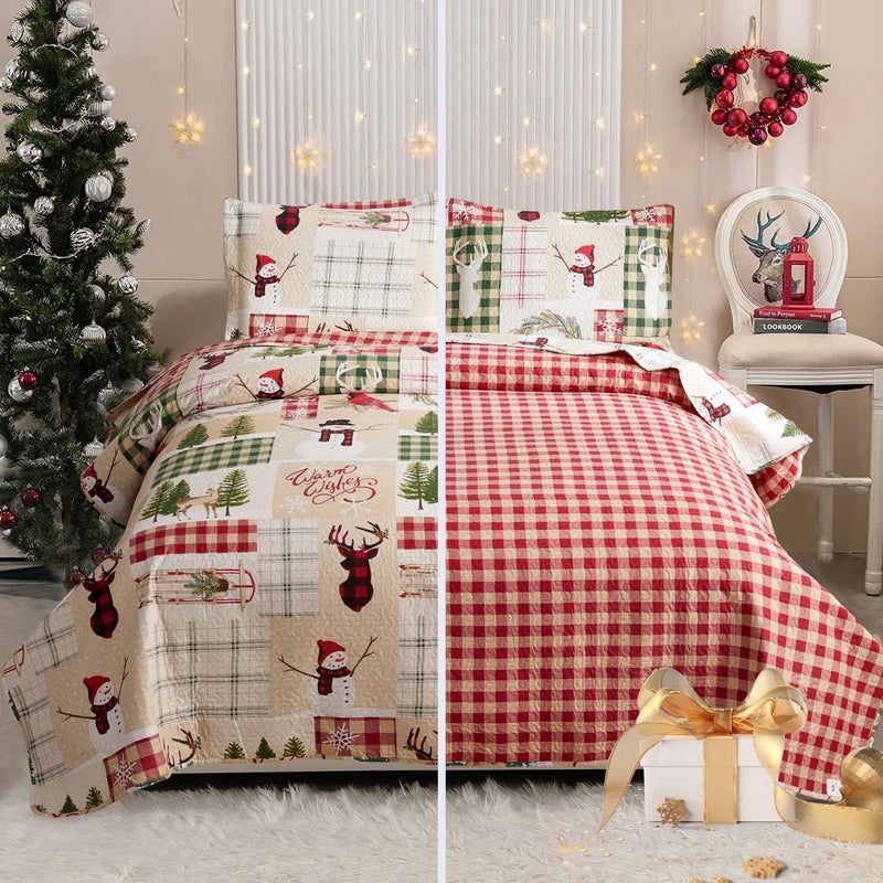 CHESITY CHESITY Full/Queen Size Christmas Bedding Sets Reversible Xmas Quilts Rustic Lodge Deer Quilts Plaid Bedspread Breathable Snowmen Reindeer Coverlet Soft Lightweight Christmas Bed Decor  - Image 1