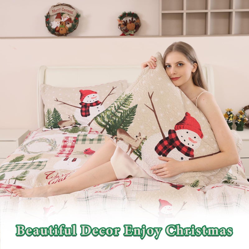 CHESITY CHESITY Full/Queen Size Christmas Bedding Sets Reversible Xmas Quilts Rustic Lodge Deer Quilts Plaid Bedspread Breathable Snowmen Reindeer Coverlet Soft Lightweight Christmas Bed Decor  - Image 3