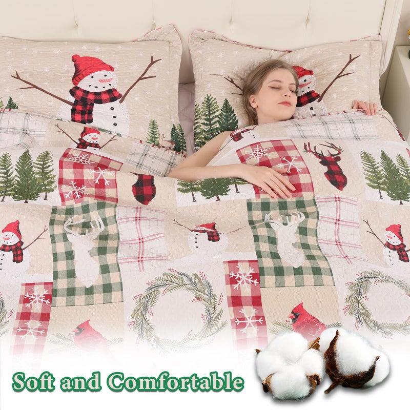 CHESITY CHESITY Full/Queen Size Christmas Bedding Sets Reversible Xmas Quilts Rustic Lodge Deer Quilts Plaid Bedspread Breathable Snowmen Reindeer Coverlet Soft Lightweight Christmas Bed Decor  - Image 2