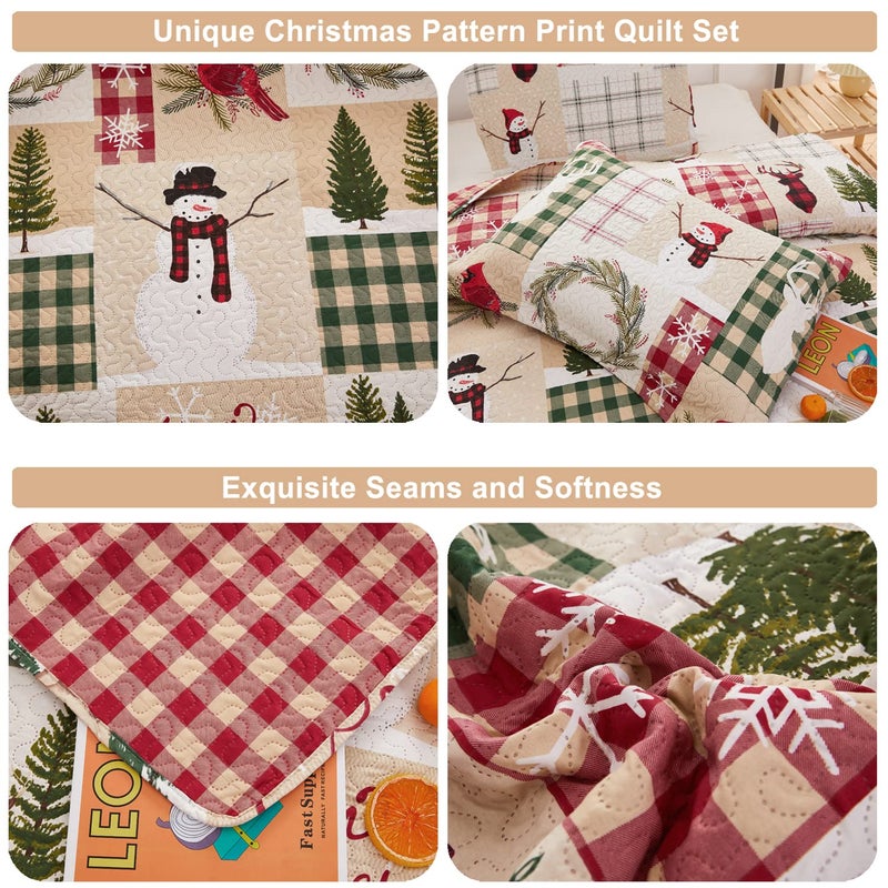 CHESITY CHESITY Full/Queen Size Christmas Bedding Sets Reversible Xmas Quilts Rustic Lodge Deer Quilts Plaid Bedspread Breathable Snowmen Reindeer Coverlet Soft Lightweight Christmas Bed Decor  - Image 4