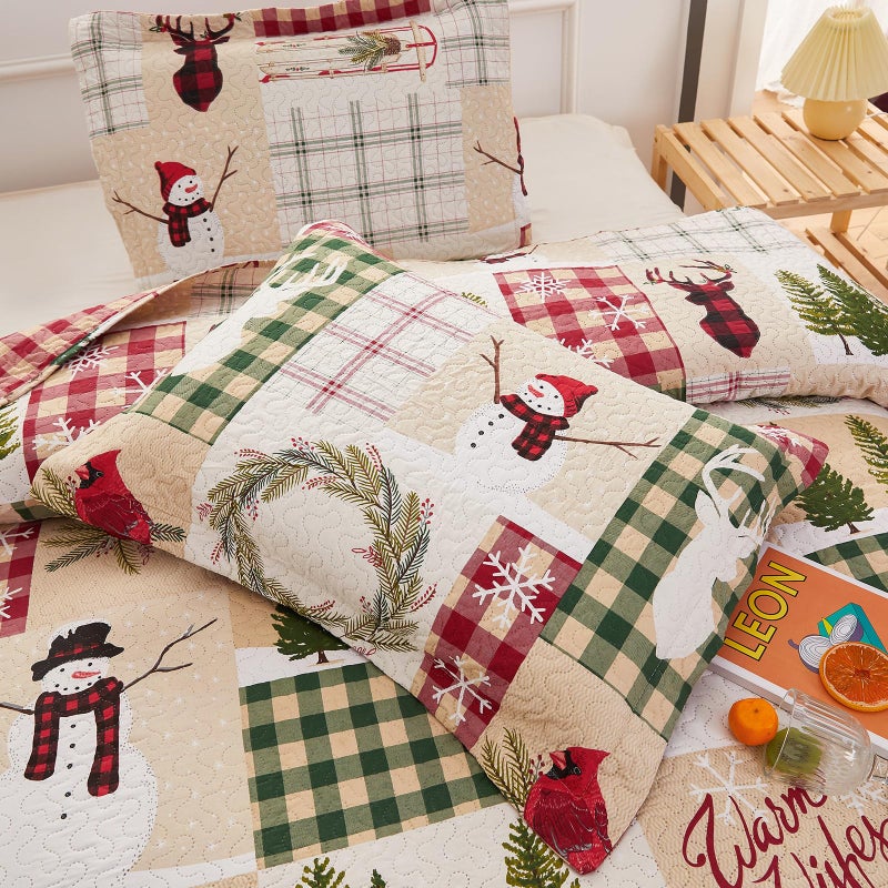 CHESITY CHESITY Full/Queen Size Christmas Bedding Sets Reversible Xmas Quilts Rustic Lodge Deer Quilts Plaid Bedspread Breathable Snowmen Reindeer Coverlet Soft Lightweight Christmas Bed Decor  - Image 5