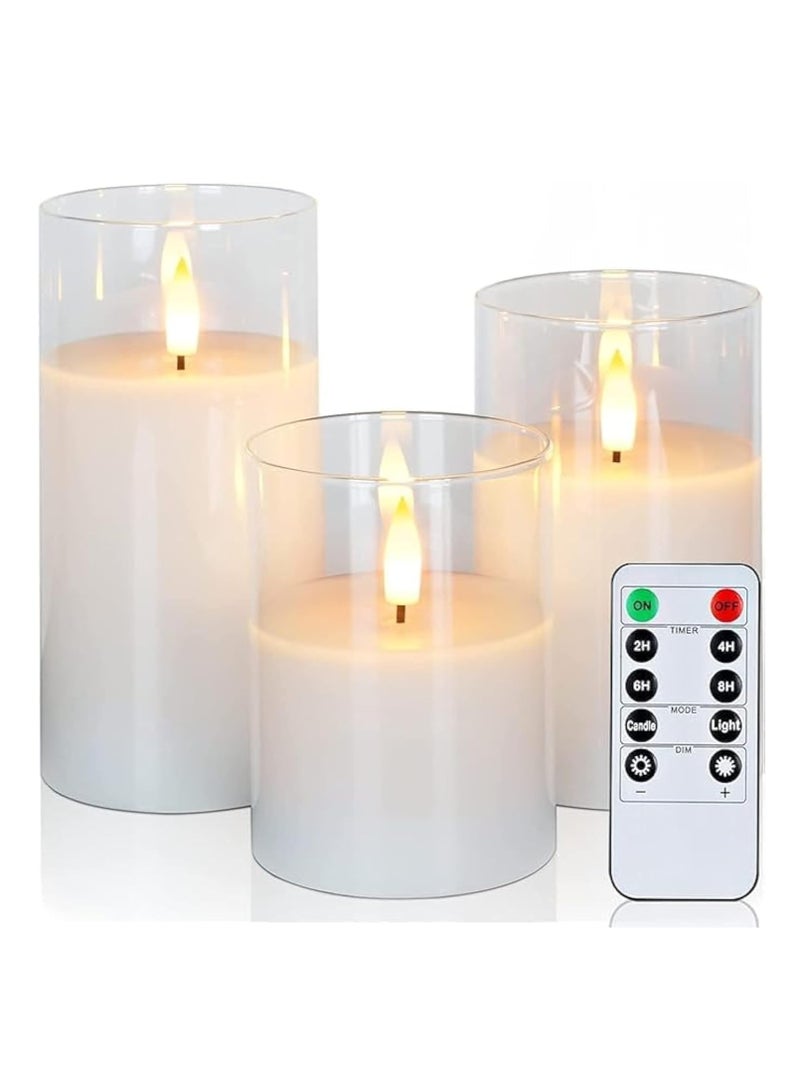 JAJEEK Set of 3 Flameless Glass Candles with Timer and Remote by Vidoflex – Battery Operated Flickering LED Pillar Candles, Perfect for Holiday & Restaurant Decor, Safe and Elegant Lighting Solution - Image 1