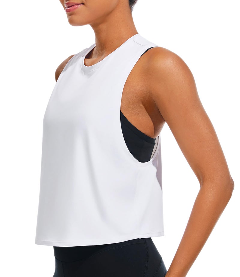 JOYSPELS Workout Tank Tops for Women, Ice Silk Quick Dry Athletic Crop Top, Loose Fit Running Yoga Gym Shirts White - Image 1