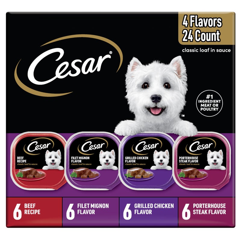 Cesar Wet Dog Food Classic Loaf in Sauce, Breakfast and Dinner with Grilled Steak & Eggs Flavor, and Chicken & Liver Flavor, 3.5 oz. Easy Peel Trays, Variety Pack 24 Count (Pack of 1) - Image 1