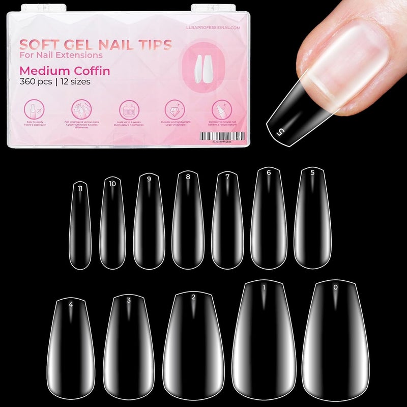 LLBA Soft Gel Nail Tips 360Pcs Soft Gel Nail Extension Tips 12 Sizes Clear Full Cover Fake Nails for Nail Extension LongLasting Salon Quality Natural Look Comfortable Wear Coffin Medium