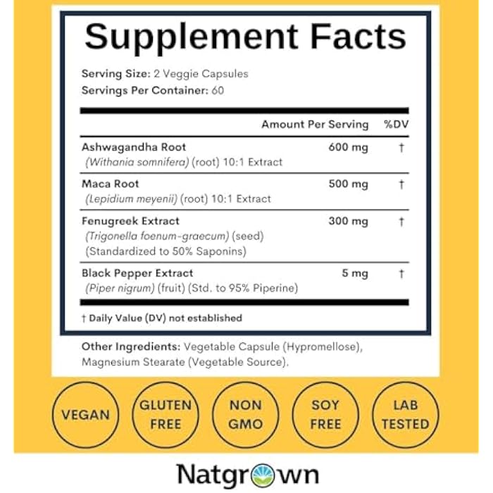 Natgrown Ashwagandha Maca Root Fenugreek Extract Capsules Supplement for Men & Women - Vegan Pills - (120 Count) - Image 2
