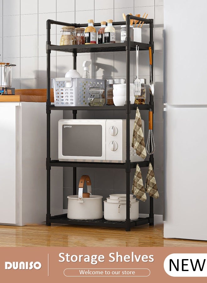 4 Tier Storage Shelves, Stable Kitchen Shelf Organizer, Storage Rack with Armrests, Removable Free Standing Rack with Hooks, Multipurpose Rack, Shelving Unit for Laundry Room,Living Room,Garage,Pantry,Study Room