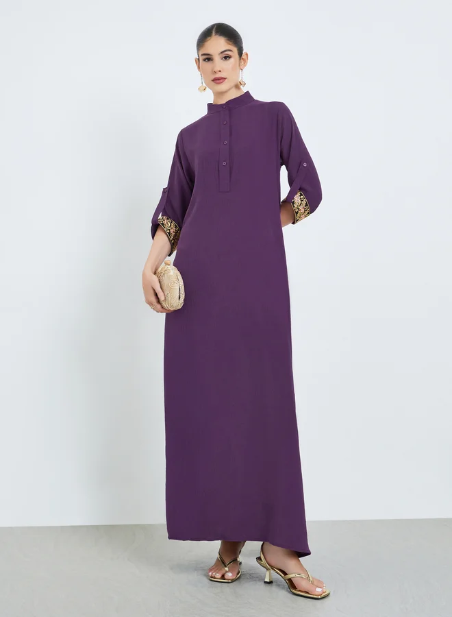 Purple Stand Collar Jalabiya with Embroidered Sleeves