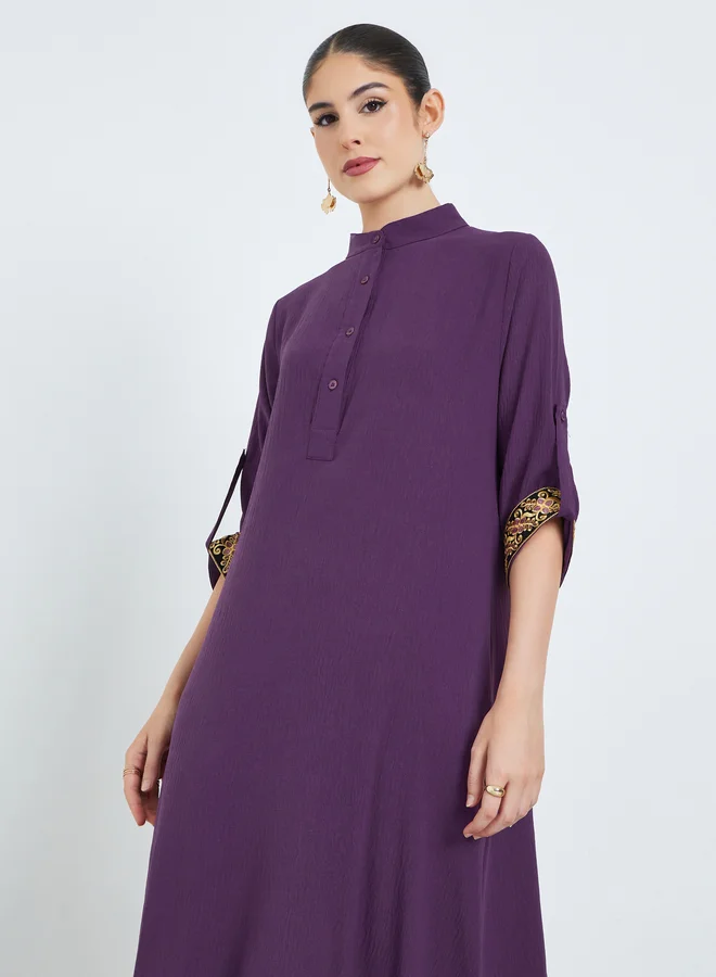 Amirah Purple Stand Collar Jalabiya with Embroidered Sleeves