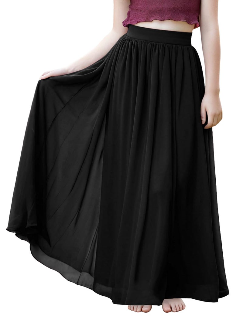 Noomelfish Noomlfish Kids Chiffon Pleated Long Skirts Boho Maxi Party Flower Girl Dress (5-12 Years), Black, 11-12 Years - Image 1