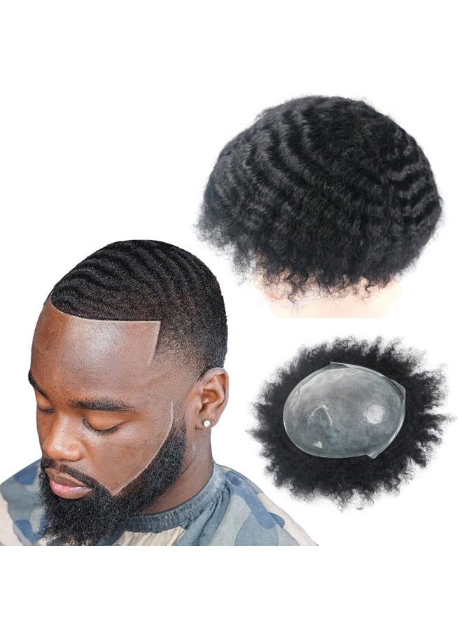 Lumeng Toupee for Men Afro Curly Skin PU Human Hair Wigs Human Hair 360 Wave Toupee hair system 1# jet black None Lace Full Wig for Men (8X10) - Image 1