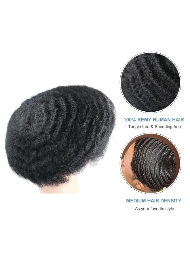 Lumeng Toupee for Men Afro Curly Skin PU Human Hair Wigs Human Hair 360 Wave Toupee hair system 1# jet black None Lace Full Wig for Men (8X10) - Image 3