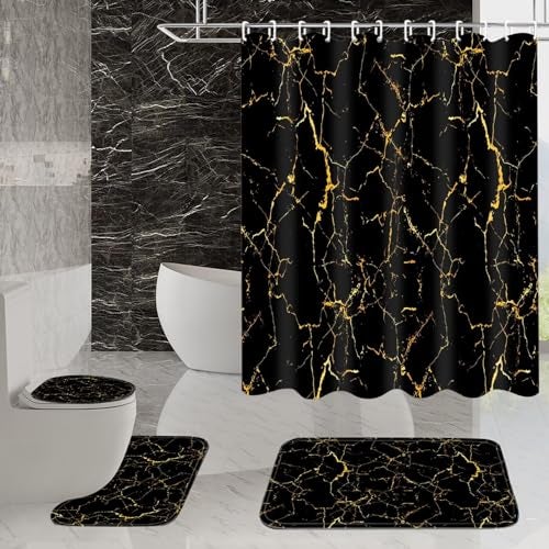AZHM 4Pcs Shower Curtain Sets Black and Gold Marble Bathroom Sets with Shower Curtain and Rugs and Accessories Luxury Bathroom Curtain Decor Sets with 12 Hooks - Image 3