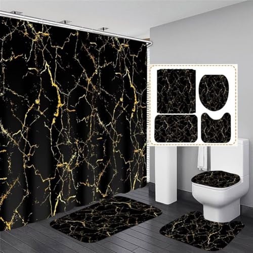 AZHM 4Pcs Shower Curtain Sets Black and Gold Marble Bathroom Sets with Shower Curtain and Rugs and Accessories Luxury Bathroom Curtain Decor Sets with 12 Hooks - Image 1