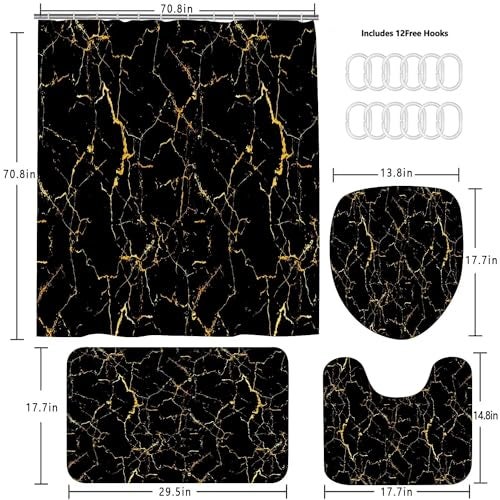 AZHM 4Pcs Shower Curtain Sets Black and Gold Marble Bathroom Sets with Shower Curtain and Rugs and Accessories Luxury Bathroom Curtain Decor Sets with 12 Hooks - Image 5