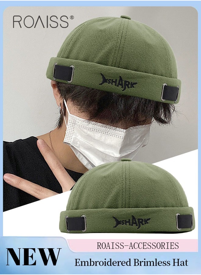roaiss Men's Retro Embroidered Brimless Hat, Shark Pattern Doceker Hat, Streetwear Cool Trendy Green Cap, Adjustable Size  - Image 1