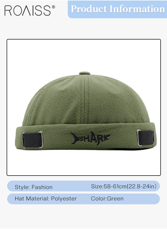 roaiss Men's Retro Embroidered Brimless Hat, Shark Pattern Doceker Hat, Streetwear Cool Trendy Green Cap, Adjustable Size  - Image 3