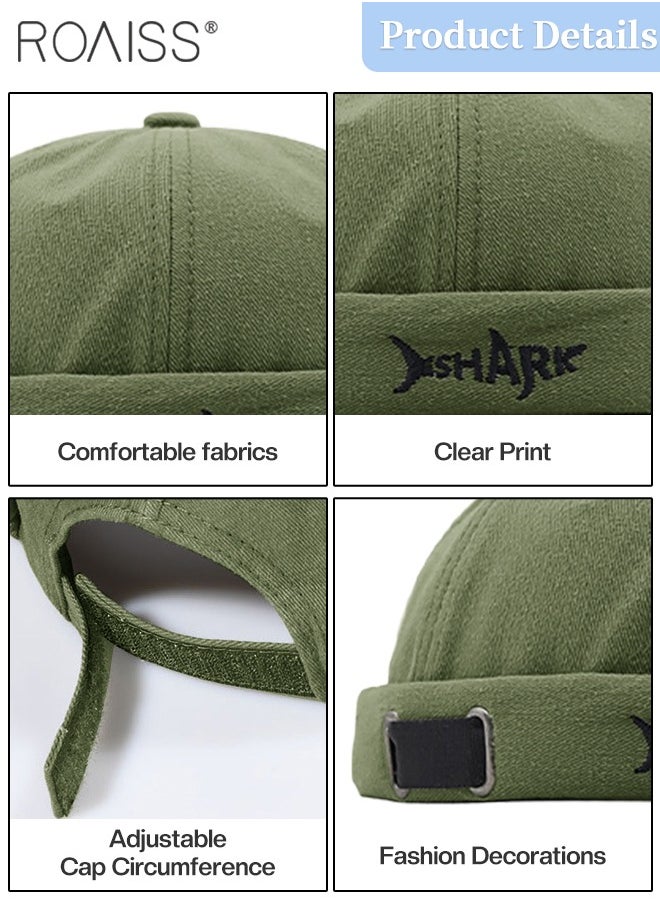 roaiss Men's Retro Embroidered Brimless Hat, Shark Pattern Doceker Hat, Streetwear Cool Trendy Green Cap, Adjustable Size  - Image 4
