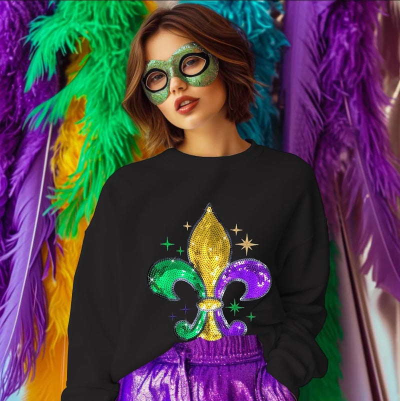 BEIDEFY Mardi Sweatshirt for Women Sequin Fat Tuesday Long Sleeve Shirt New Orleans Carnival Party Pullover Top Black - Image 2