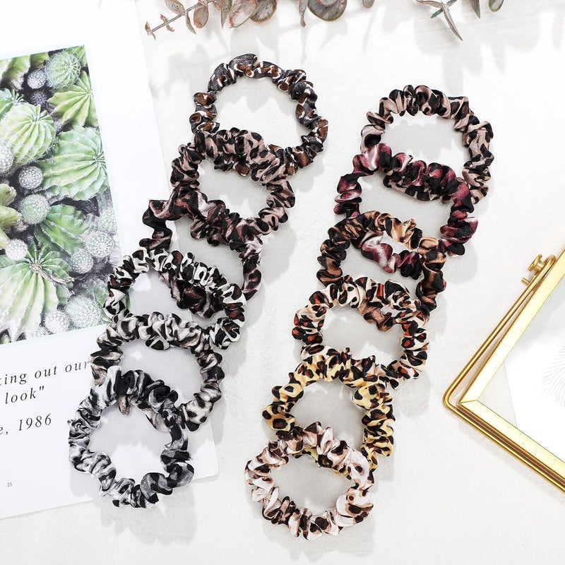 24 قطعة من أربطة الشعر الساتان بنمط الفهد مجموعة من الأربطة المرنة رفيعة الحجم لحامل ذيل الحصان لملحقات النساء والزينة 12 نمطًا