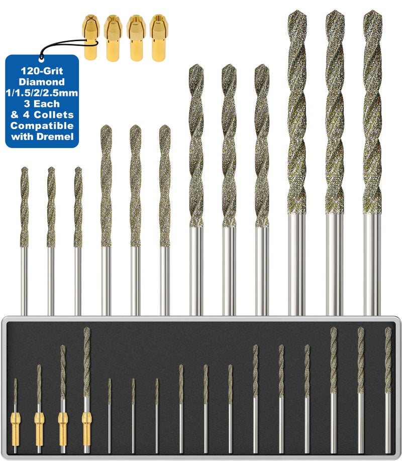 Sworker Diamond Drill Bits 1mm 1.5mm 2mm 2.5mm 3 Each 120-Grit 12Pcs with 4 Collets Compatible with Dremel Rotary Tool for Sea Glass Stone Shells Jewelry Making Porcelain Ceramic Gems - Image 1